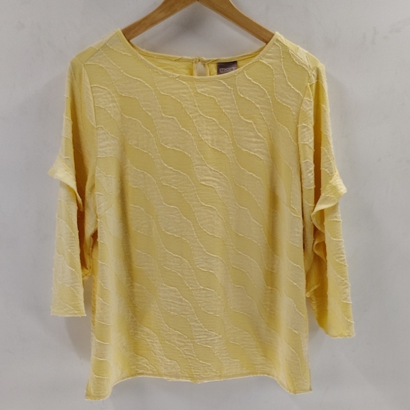 Chico's Pullover Yellow Blouse Size 12 Applique Stripe Ruffle Sleeve - Picture 1 of 7